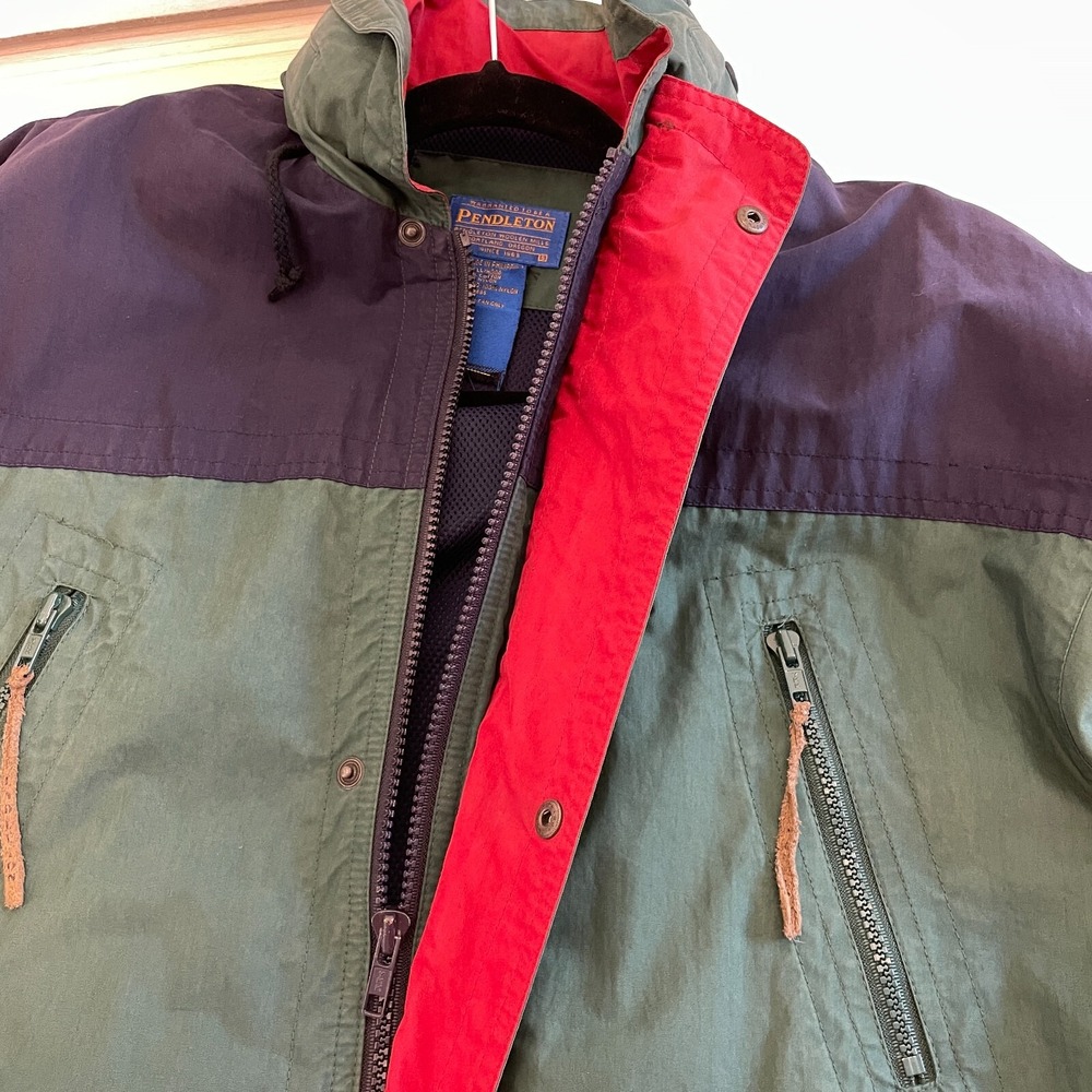 Pendleton Colorblock Jacket Green Navy Red Full Zip Hooded Men L Outdoors Winter